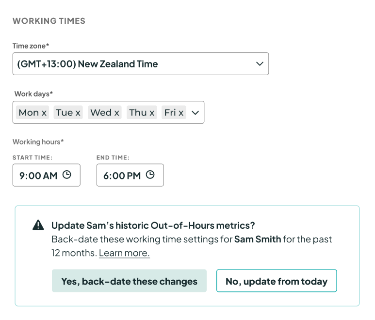 Screenshot of the working times settings in the Multitudes app, with a banner asking whether to back-date changes.