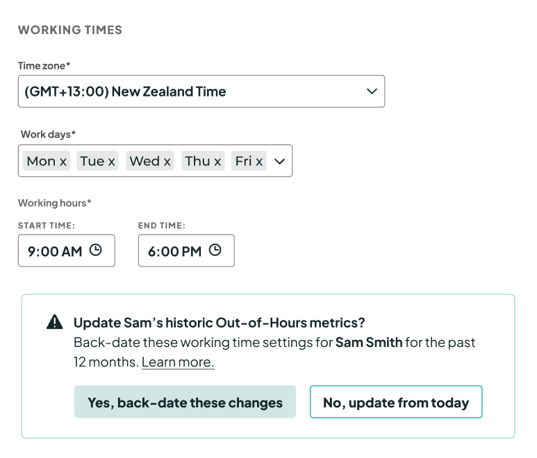 Screenshot of the working times settings in the Multitudes app, with a banner asking whether to back-date changes.