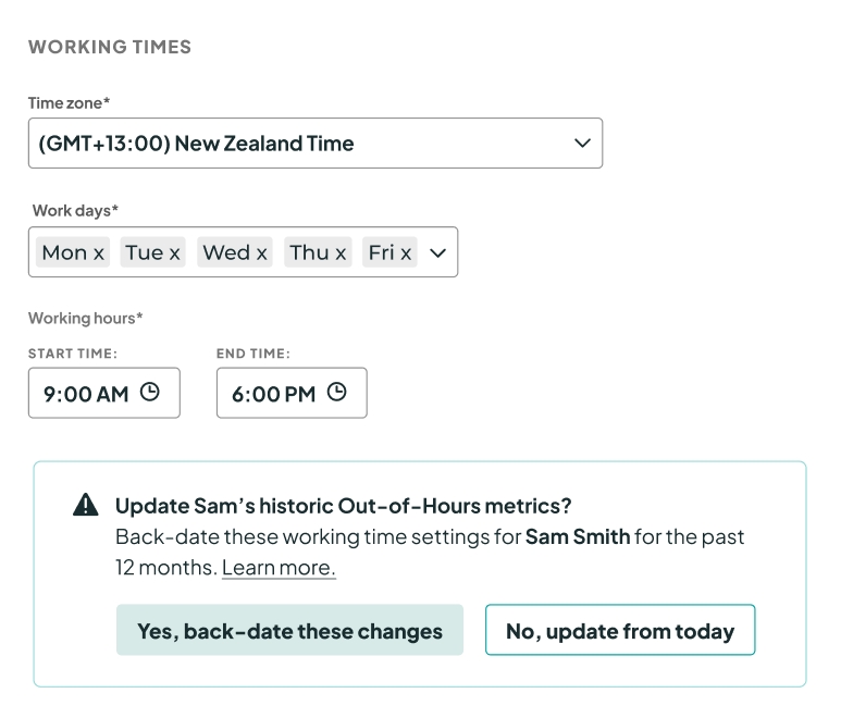 Screenshot of the working times settings in the Multitudes app, with a banner asking whether to back-date changes.