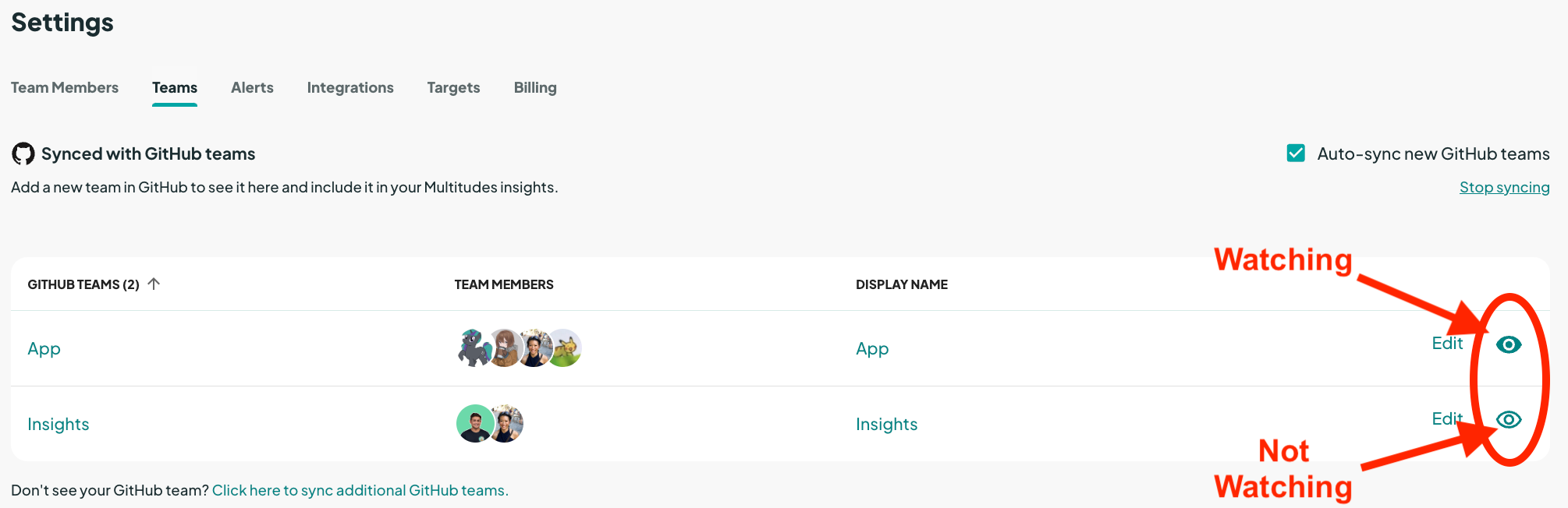 Screenshot of Settings > Teams page