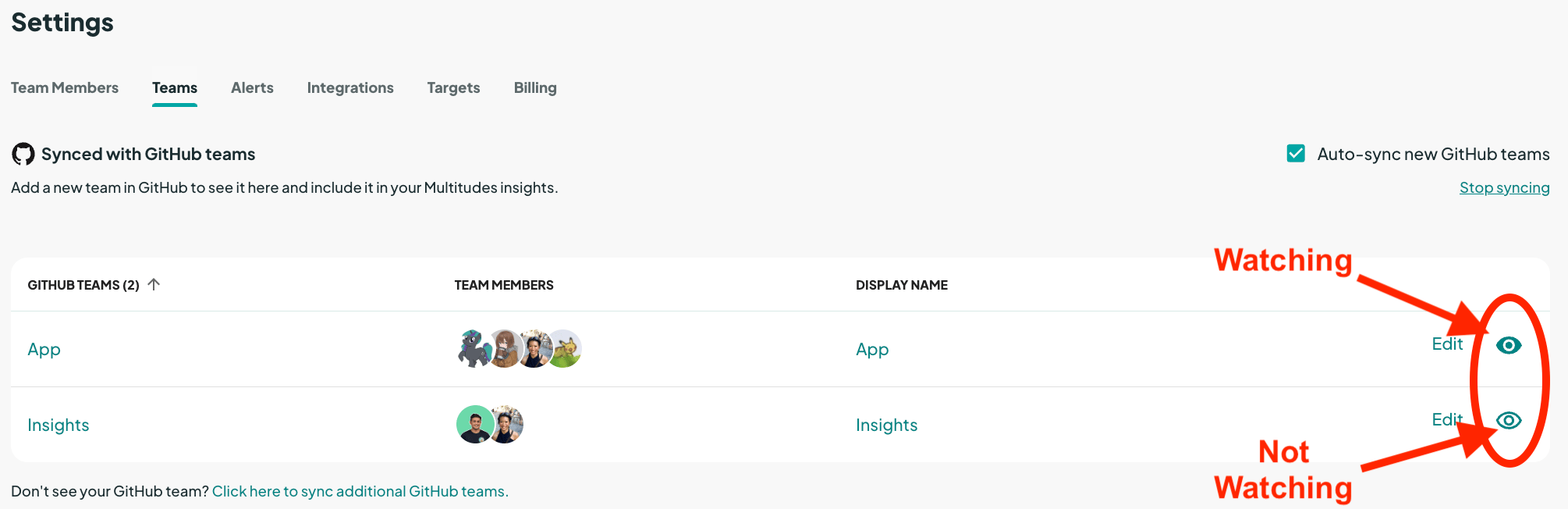 Screenshot of Settings >Β Teams page