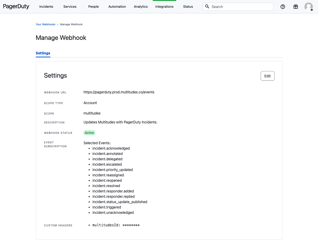 Screenshot of PagerDuty showing the "Manage Webhook" screen for a Multitudes webhook.