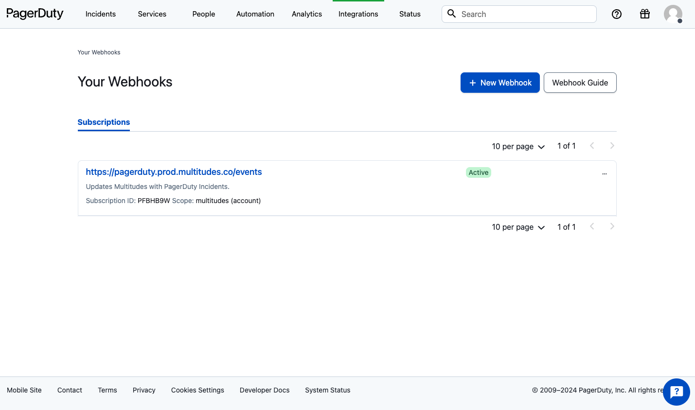 Screenshot of PagerDuty showing the organization's list of webhooks from the Integrations tab.