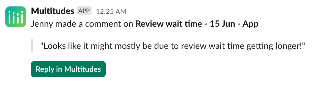 Screenshot of Slack notification about someone making an annotation on a chart.